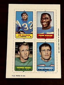 1969 Topps Football 4 in 1 Jim Allison, Buncom, Sauer, Emanuel Sticker - EX