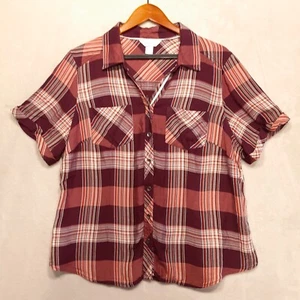CJ Banks Womans Shorts Sleeve Button Top Sz.1X/Burgundy Pink Plaid 100% Modal - Picture 1 of 10