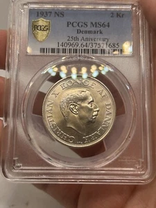 1937-NS. Denmark. 25th Anniversary. 2 Kroner. PCGS MS64! Rare World Coin*** - Picture 1 of 8