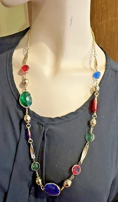 Vintage Bezel Set Blue Red Green Purple Faceted Lucite Beads 27" Necklace DE11 - Image 1 of 4