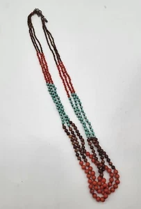Beaded Multi Strand Long Necklace Turquoise Red Brown Color Block Beads boho - Picture 1 of 10