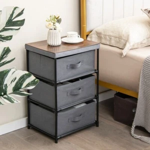 Industrial Nightstand With Fabric Drawers Grey Wooden Bedside Table With Storage - Picture 1 of 8