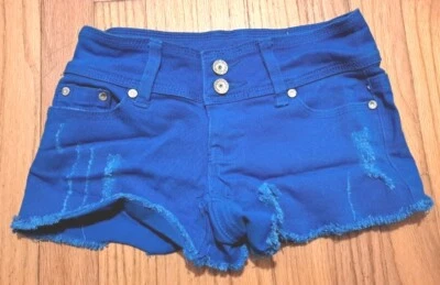 Pantalones Cortos Para Mujer Almost Famous Talla 1 Azul Brillante Jean Elastizados Cortes Envejecidos Foto 1 de 3