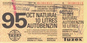 Cecoslovacchia, buono benzina Tuzex o.D., 10 litri benzina 95 ott., f.ksfr. - Foto 1 di 1