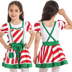 Girls Striped Christmas Dance Dress Puff Sleeve Ice Skating Holiday Dress up - Picture 1 of 20