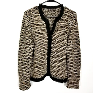 J. McLaughlin Women Wool Blend Chunky Metallic Knit Fringe Blazer Sz L Black Tan - Picture 1 of 4