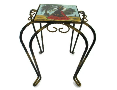 Mesa auxiliar vintage soporte para plantas azulejos de cerámica dama francesa horquilla de hierro forjado  Foto 1 de 4