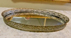 Vintage Hollywood Regency Oval Gold Tone Metal Filigree Mirrored Dresser Tray - Picture 1 of 4