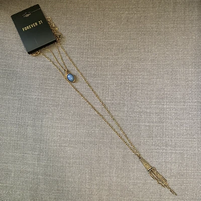 FOREVER 21 Chain Necklace Blue Stone Pendant Antique Gold Tone Tassel Etched 18" - Image 1 of 4