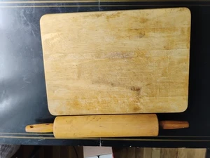 Vintage Wooden Cutting Board With Wooden Rolling Pin Very Rustic/Farm Condition - Picture 1 of 9