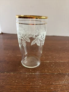Vtg MCM Bartlett Collins 16oz Flat Tumbler Gold Trim Frosted Grape Leaves - Picture 1 of 5