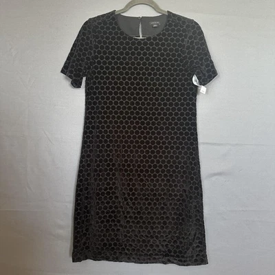 Ann Taylor Dress Womens XS Black Velvet Flocked Polka Dot Short Sleeve Shift - Image 1 of 4