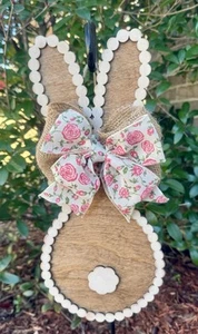 Scalloped Bunny Easter Door Decor Bow Burlap Laser Cut Handmade Easter Bunny - Picture 1 of 1