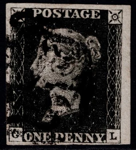 1840 1d schwarze Platte 6 GL 4m Teilfolie Rand fein gebraucht Kat. 375,00 £ - Bild 1 von 1
