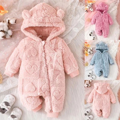 Newborn Boys Girls Baby Fleece Hooded Teddy Bear Romper Bodysuit Warm Jumpsuit