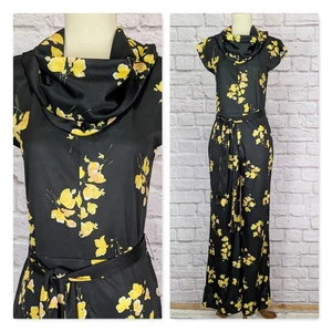 Vintage 70's Jumpsuit- Black and Yellow Floral Print Knit - Wide Leg Size Small - Picture 1 of 10