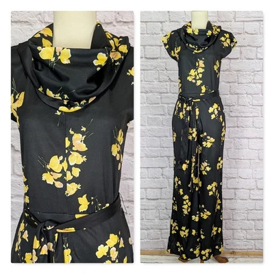 Mono Vintage Años 70 - Tejido Estampado Floral Negro y Amarillo - Pierna Ancha Talla Pequeña Foto 1 de 4