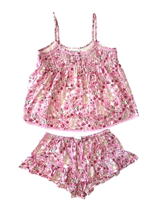 Peter Alexander Pink Floral Cotton PJ Set Size M Elastic Waist Adjustable Straps - Picture 1 of 24