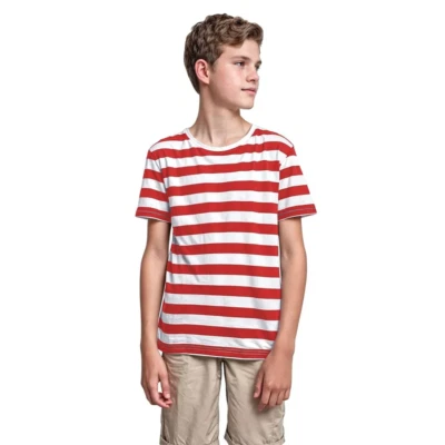 WICKED FUN KINDER GESTREIFT ROT WEISS LÄSSIG BAUMWOLLE T-SHIRT STREIFEN RETRO RUNDHALSAUSSCHNITT SHIRT UK