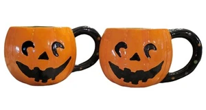 Set of 2 Pier 1 Jack O Lantern Pumpkin Dolomite Mug Cup Halloween Pier One H2 - Picture 1 of 4