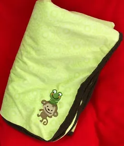 Carters Green Plush Fleece Baby Boy's Blanket Monkey/Frog Sherpa Back 30" x 32" - Picture 1 of 5