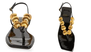 Jeffrey Campbell Yucatan schwarze flache Sandalen goldfarbene Perlen Riemen eckige Zehenpartie Größe 5 NEU - Bild 1 von 10