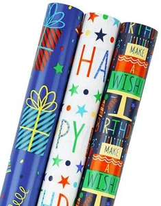 Blue Birthday Wrapping Paper Roll - 17 inch X 120 inch Per Roll - Colorful Ha... - Picture 1 of 8