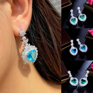 Women Heart Crystal Zircon Drop Dangle Earrings Wedding Jewelry Statement Party - Picture 1 of 19