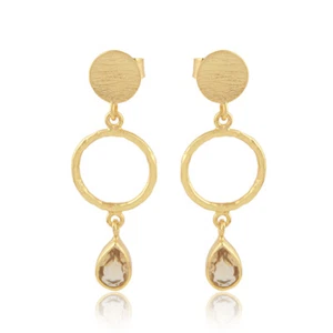 Pear Shape Citrine Gemstone 925 Silver Gold Plated Designer Dangle Earrings - Picture 1 of 5