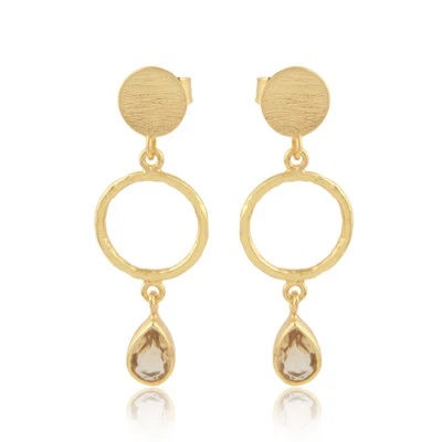 Pear Shape Citrine Gemstone 925 Silver Gold Plated Designer Dangle Earrings - Image 1 of 4