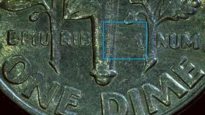 1991 P Roosevelt Dime Strike Thru Grease Clogged DIE! U and S Missing!  - Image 1 of 4