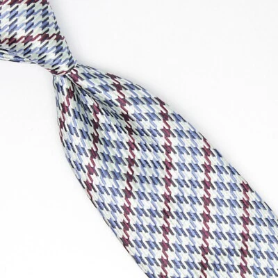 Josiah France Mens Silk Necktie Light Blue Burgundy Houndstooth Check Weave Tie - Image 1 of 4