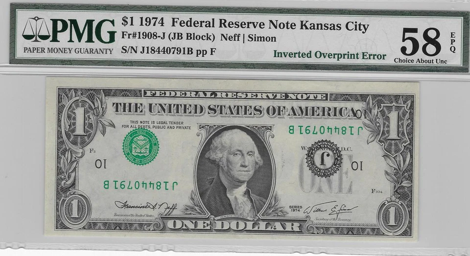 $1 1974 Federal Reserve Note Kansas City - Inverted Overprint Error - PMG 58EPQ - Image 1 of 1