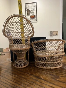 Vintage Wicker Peacock Fan Back Rattan Chair 16.5” & Loveseat for doll or plant - Picture 1 of 5