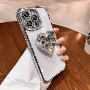 For iPhone 16 15 Pro Max 14 13 12 Luxury Bling Diamonds Heart Holder Stand Case - Picture 1 of 12
