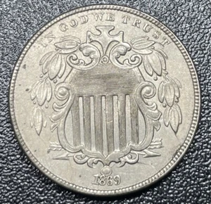1869 Shield Nickel 5c Narrow Date AU About Uncirculated Better Date - Picture 1 of 2