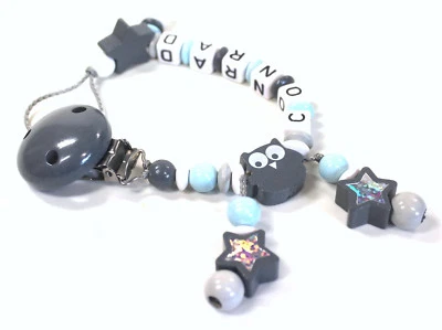Schnullerkette mit Namen Eule  Sternchen Baby Taufe Geburt Junge grau blau - Bild 1 von 4