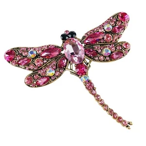 Brooch Pink Rhinestone Large Dragonfly Gold Tone with A/B Crystals - Picture 1 of 2