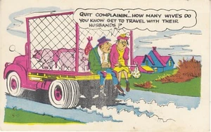 Cartolina Laff Gram anni '50 - Smettila di lamentarti moglie che viaggia con marito in camion di maiali - Foto 1 di 2