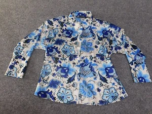 zara top xl womens blue floral geometric button up casual polyester flower - Picture 1 of 16