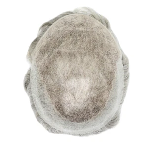 Toupee For Men Lace Human Hair Replecement System Skin Grey Hairpieces 8x10#1B80 - Picture 1 of 5