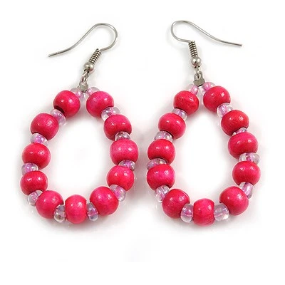 Deep Pink/ Light Pink Wood and Glass Bead Oval Drop Earrings In Silver Tone - - Image 1 of 4