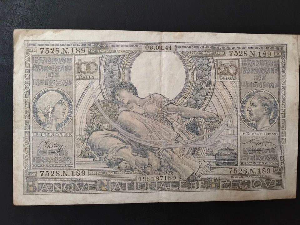 Belgium 100 Francs 20 belgas 06-09-1941 WWII Banknote  Rare Old Currency Date - Image 1 of 4