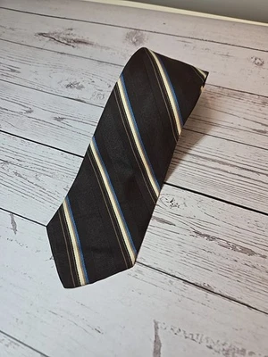 Винтажный Sears мужской магазин полиэстер коричневый галстук w желтовато-коричневый / синие полосы 70-х - 56 "x 3" - Изображение 1 из 4