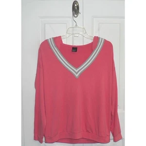 Free Press Lightweight V-Neck Varsity Stripe Hoodie in Coral XSmall - Picture 1 of 5