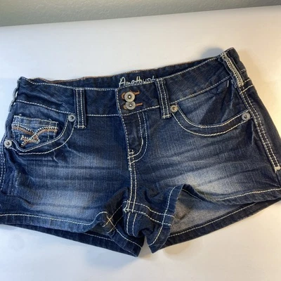 Amethyst  Juniors Sz 5 Denim Shorts Distressed Low Rise Zippered Pockets Shorty - Image 1 of 4