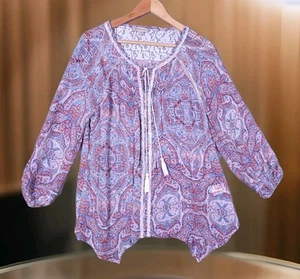 DEMOCRACY Top Women's Medium Chiffon Oversized Embroidered Lightweight Flowy - Picture 1 of 6