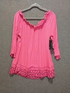 Kim Rogers Women's Ribbed Top Size 1X Hot Pink 3/4 Sleeve Lace Elastic Neck NWT - Picture 1 of 12