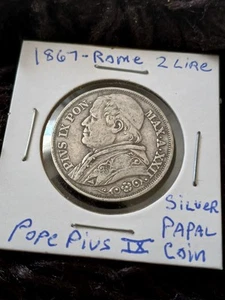 1867 R 2 Lire Pope Pius IX Papal Coinage - Picture 1 of 2