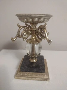 Vintage Dilly Co MCM Messingfarben & Marmor Stumpenkerzenhalter Kristallglas Mitte - Bild 1 von 10